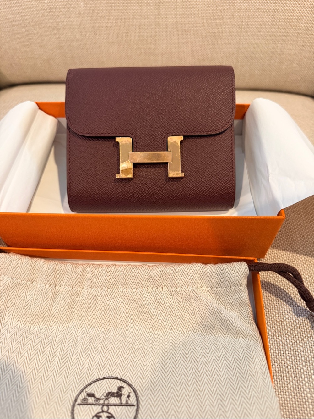 HERMES Constance Wallet in Burgundy with ROSE Gold Hardware